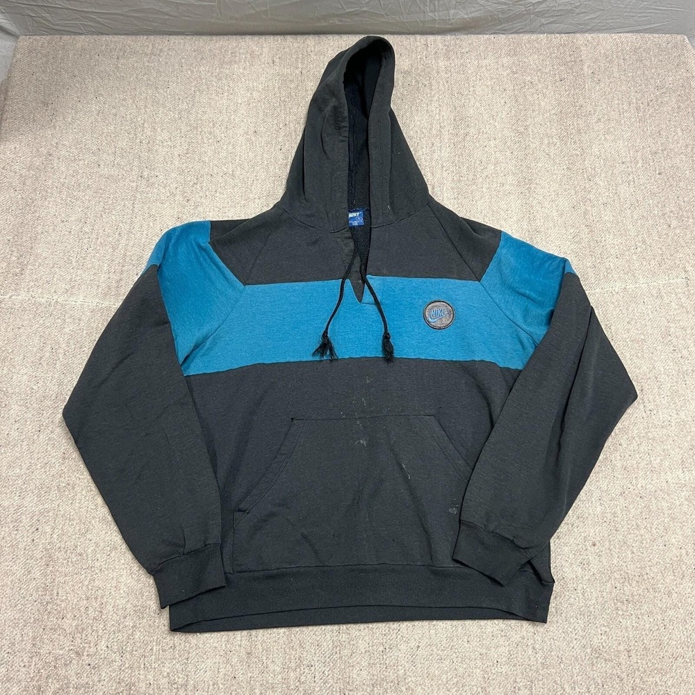 Vintage Nike Hoodie Mens‎ Large Black 1980s Henley Embroidered